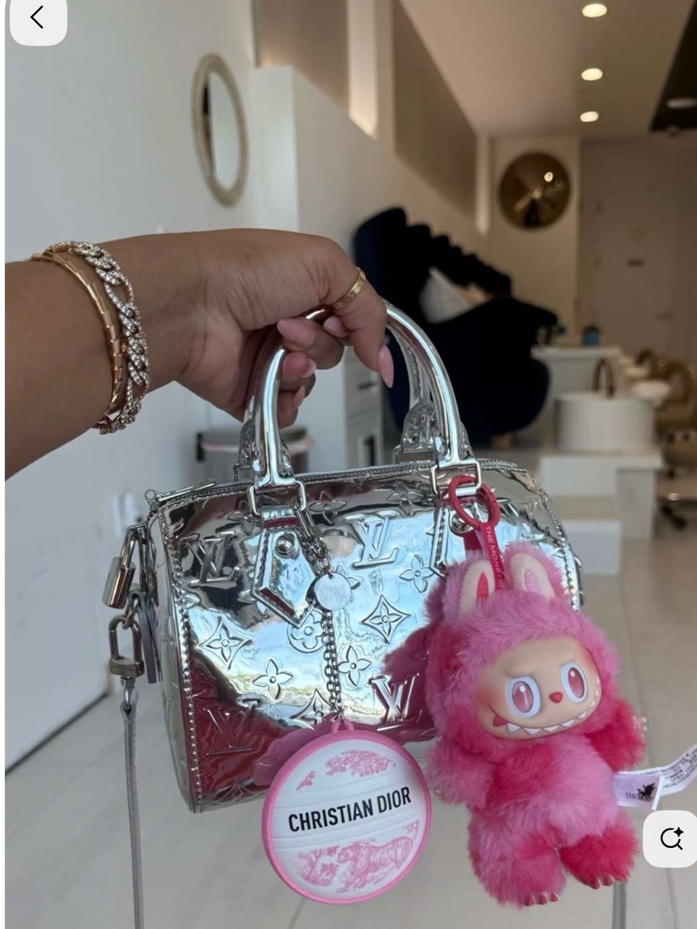 Pink Labubu Big into energy Love Keychain with Beaded Keychain